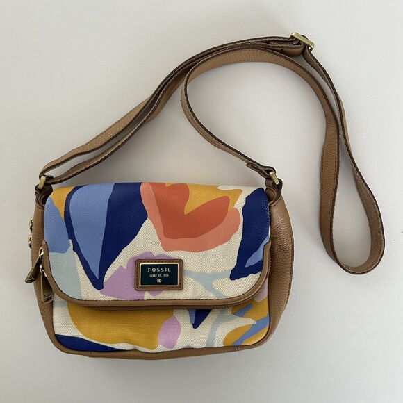 Fossil Preston Crossbody Leather Canvas Floral Purse Messenger Bag Watercolor - Picture 1 of 16
